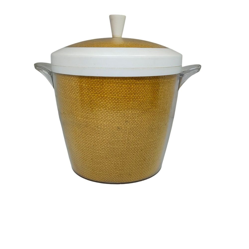Vintage Mid Century Rafiaware Yellow Plastic Ice Bucket MCM 70's Burlap